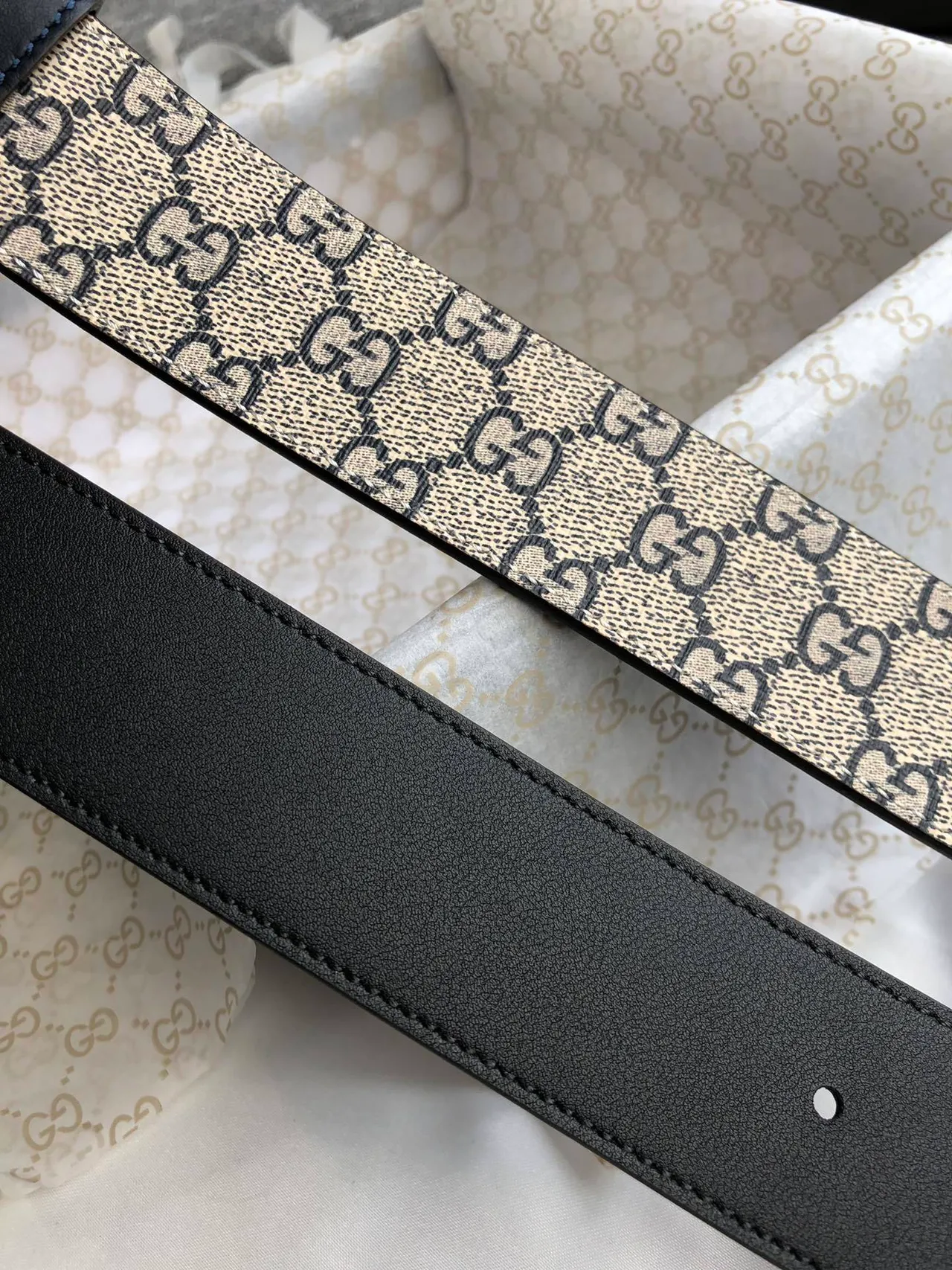 Gucci Ophidia Beige Black GG Monogram Canvas Gold-Tone Rectangular Buckle Leather Belt 3