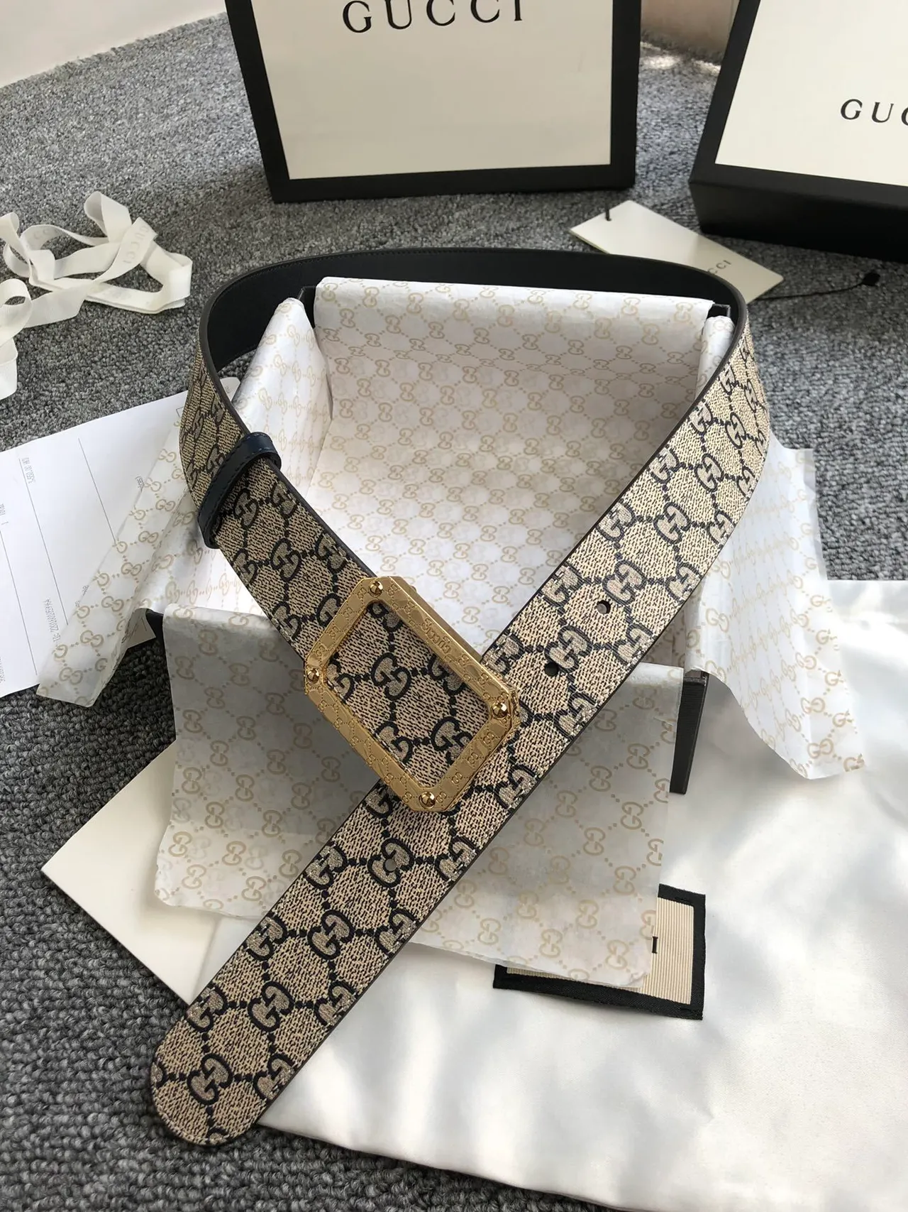 Gucci Ophidia Beige Black GG Monogram Canvas Gold-Tone Rectangular Buckle Leather Belt 8