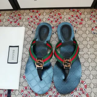 Gucci Ophidia 蓝色压花 GG Web 鞋带拖鞋