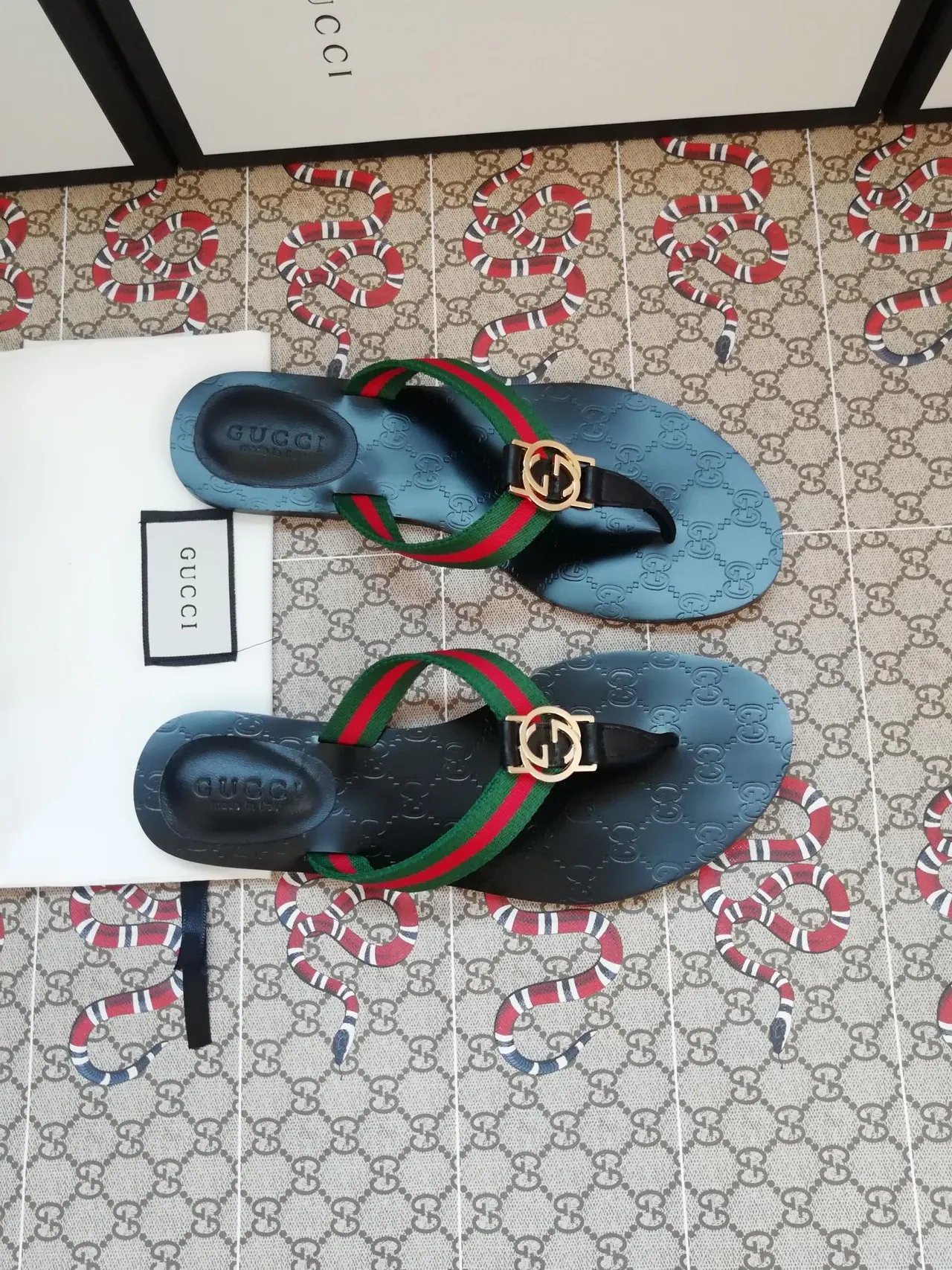 Gucci Ophidia Blue Embossed GG Web Strap Slippers 2