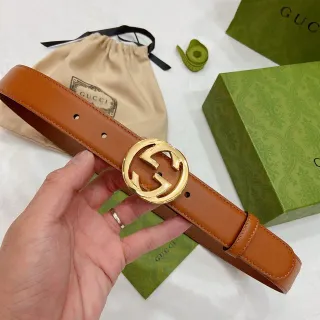 Gucci Ophidia Brown Gold Interlocking G Buckle Smooth Tan Leather Belt