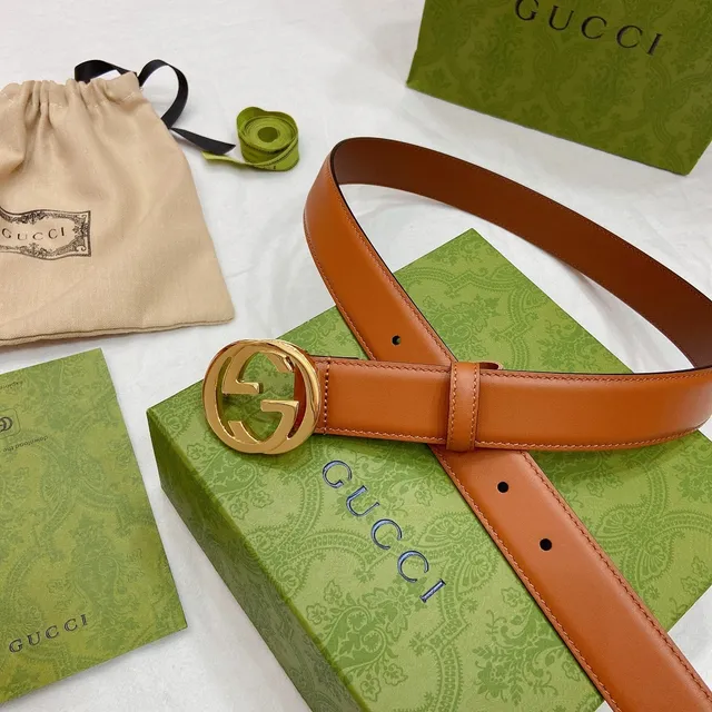 Gucci Ophidia Brown Gold Interlocking G Buckle Smooth Tan Leather Belt 2