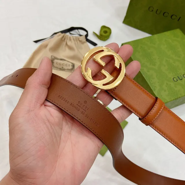 Gucci Ophidia Brown Gold Interlocking G Buckle Smooth Tan Leather Belt 3