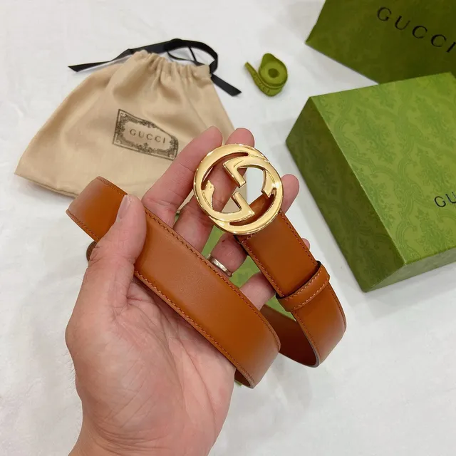 Gucci Ophidia Brown Gold Interlocking G Buckle Smooth Tan Leather Belt 4