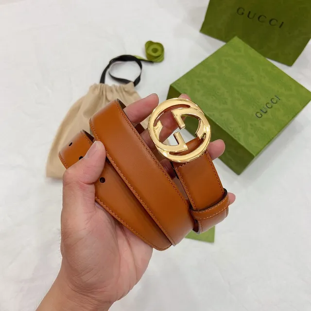 Gucci Ophidia Brown Gold Interlocking G Buckle Smooth Tan Leather Belt 5