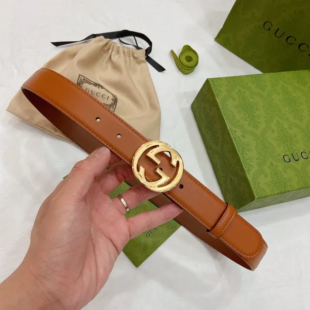 Gucci Ophidia Brown Gold Interlocking G Buckle Smooth Tan Leather Belt 7