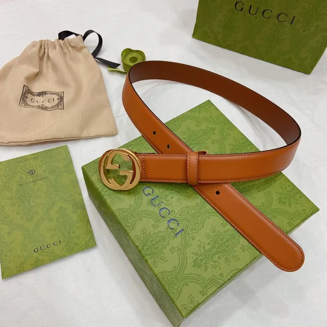Gucci Ophidia Brown Gold Interlocking G Buckle Smooth Tan Leather Belt 9