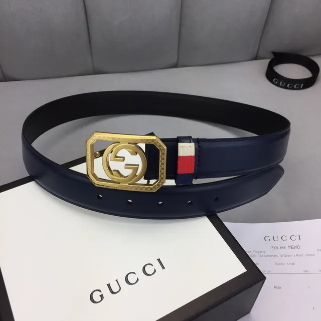 Gucci Ophidia Navy Gold Octagonal Buckle Interlocking G Logo Leather Belt 2