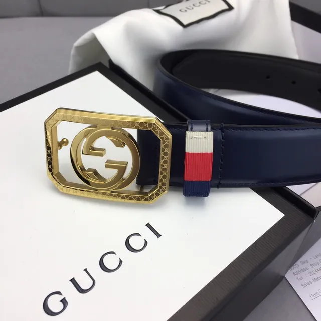 Gucci Ophidia Navy Gold Octagonal Buckle Interlocking G Logo Leather Belt 3