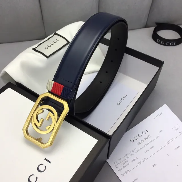 Gucci Ophidia Navy Gold Octagonal Buckle Interlocking G Logo Leather Belt 4