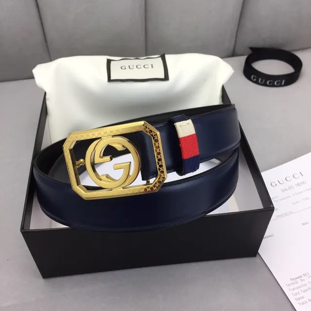 Gucci Ophidia Navy Gold Octagonal Buckle Interlocking G Logo Leather Belt 5
