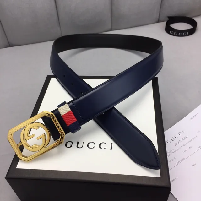 Gucci Ophidia Navy Gold Octagonal Buckle Interlocking G Logo Leather Belt 6