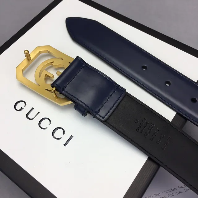 Gucci Ophidia Navy Gold Octagonal Buckle Interlocking G Logo Leather Belt 8