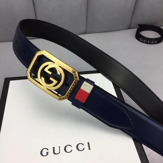 Gucci Ophidia Navy Gold Octagonal Buckle Interlocking G Logo Leather Belt 9