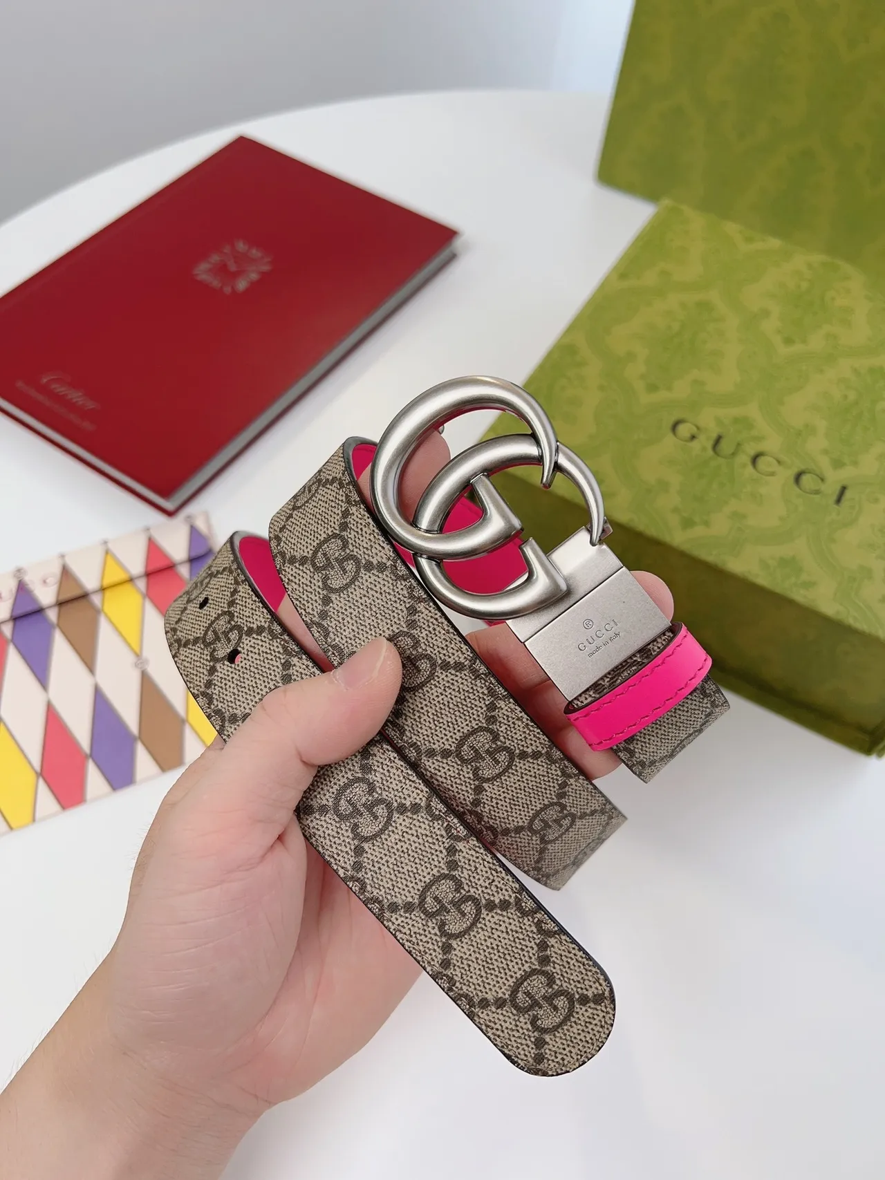 Gucci Ophidia Bege Rosa Interlocking Double G Fivela GG Monogram Cinto Canvas Couro 2