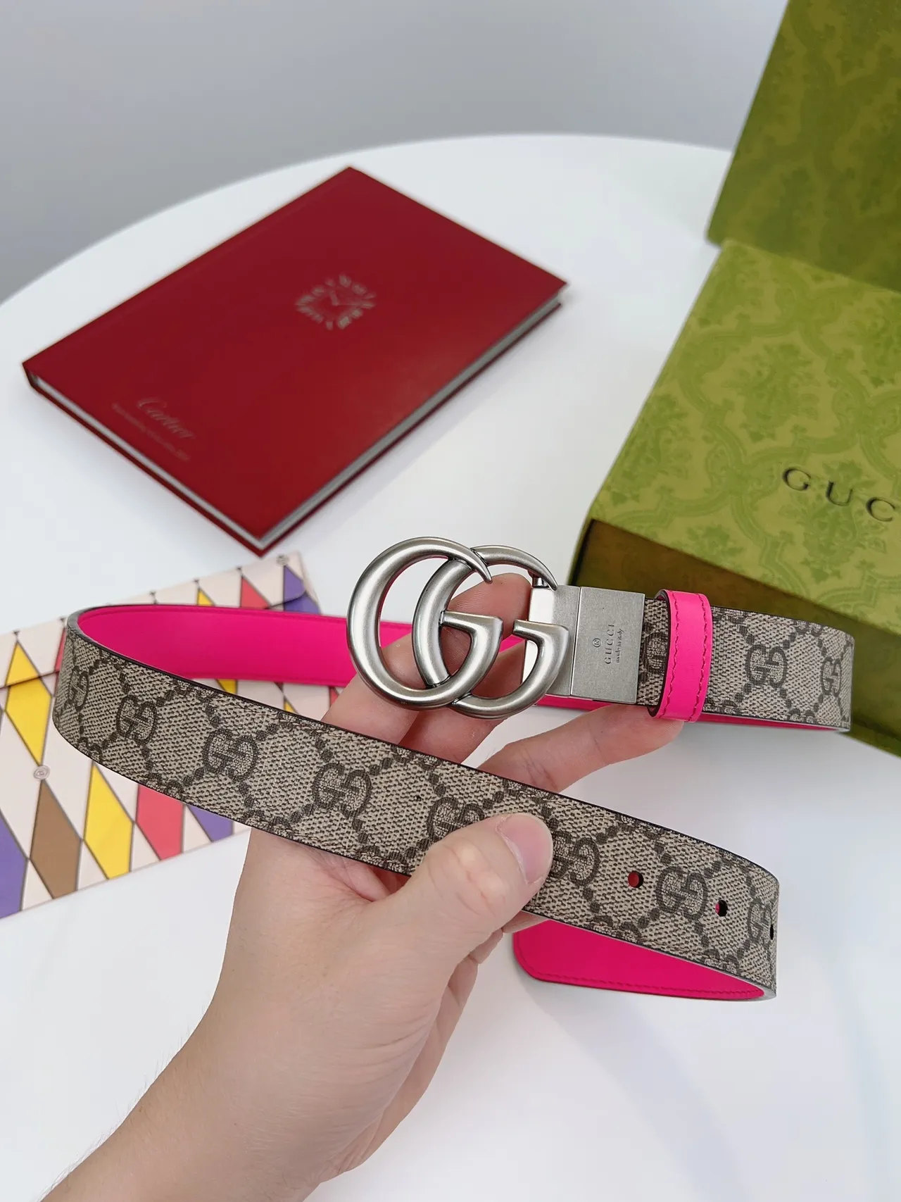 Gucci Ophidia Bege Rosa Interlocking Double G Fivela GG Monogram Cinto Canvas Couro 3
