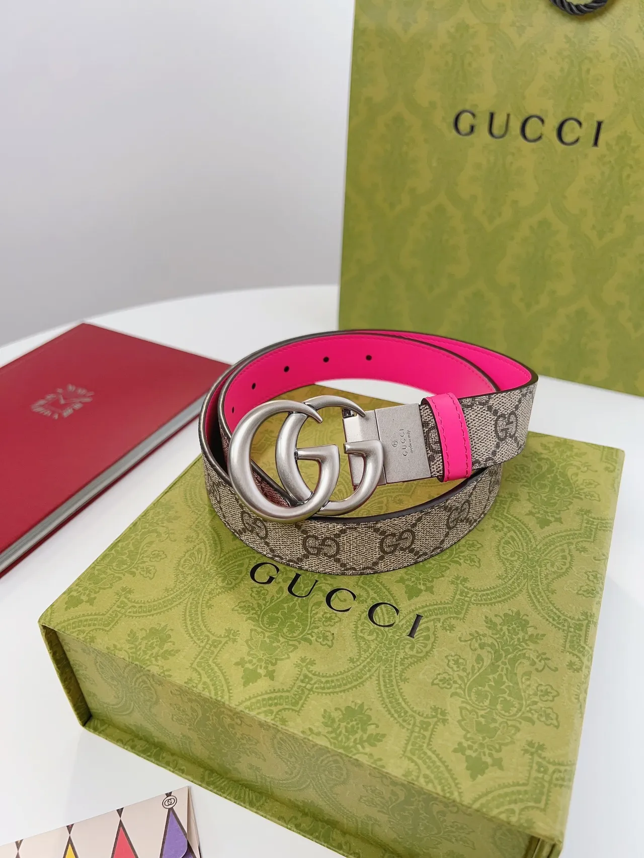 Gucci Ophidia Bege Rosa Interlocking Double G Fivela GG Monogram Cinto Canvas Couro 5