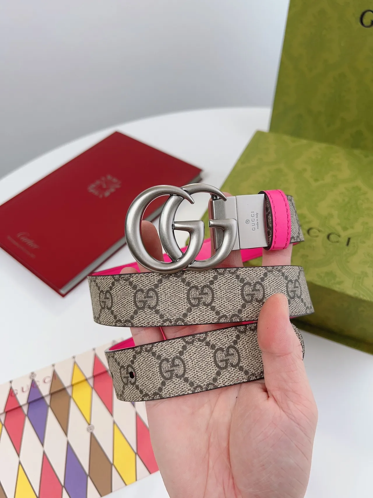 Gucci Ophidia Bege Rosa Interlocking Double G Fivela GG Monogram Cinto Canvas Couro 9