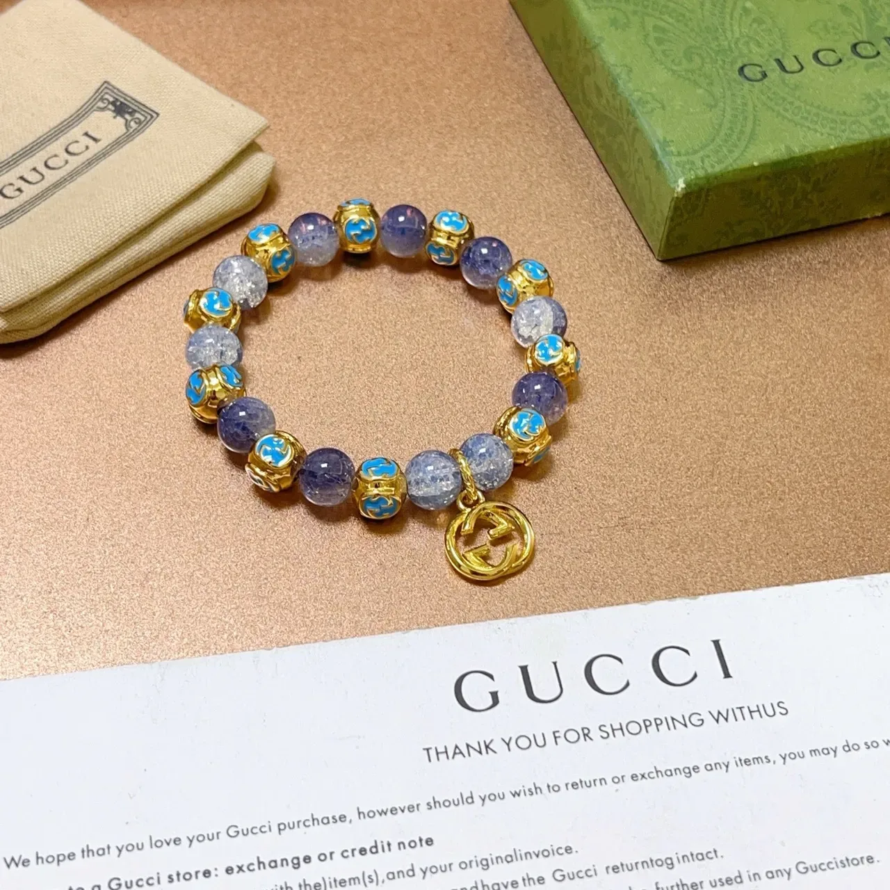 Gucci Purple Gold Beaded Crackle Stone Bracelet 7