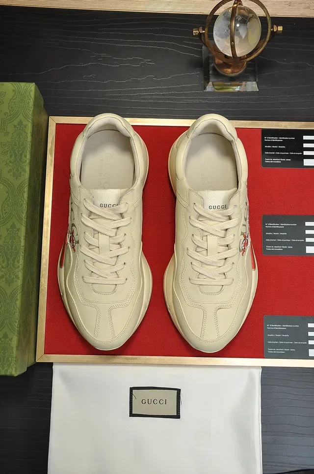Gucci Rhyton Beige Vermelho Couro Superior Tira Web Sneakers Lifestyle 5