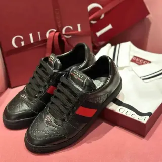 Gucci Rhyton Black Leather Embossed GG Web Stripe Lifestyle Sneakers — catalogue photo via WWTop Yupoo