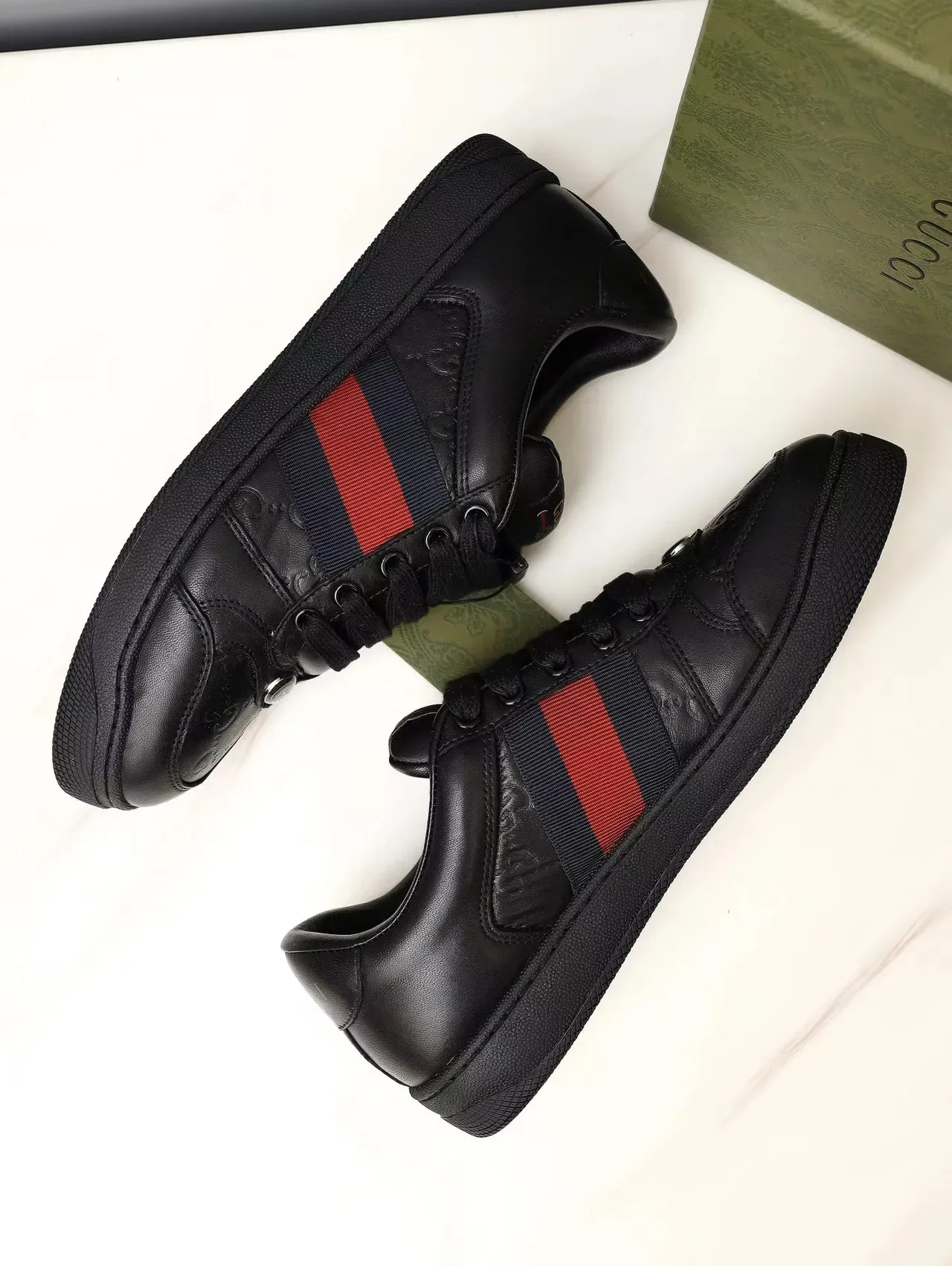 Gucci Rhyton Black Leather Embossed GG Web Stripe Lifestyle Sneakers 4