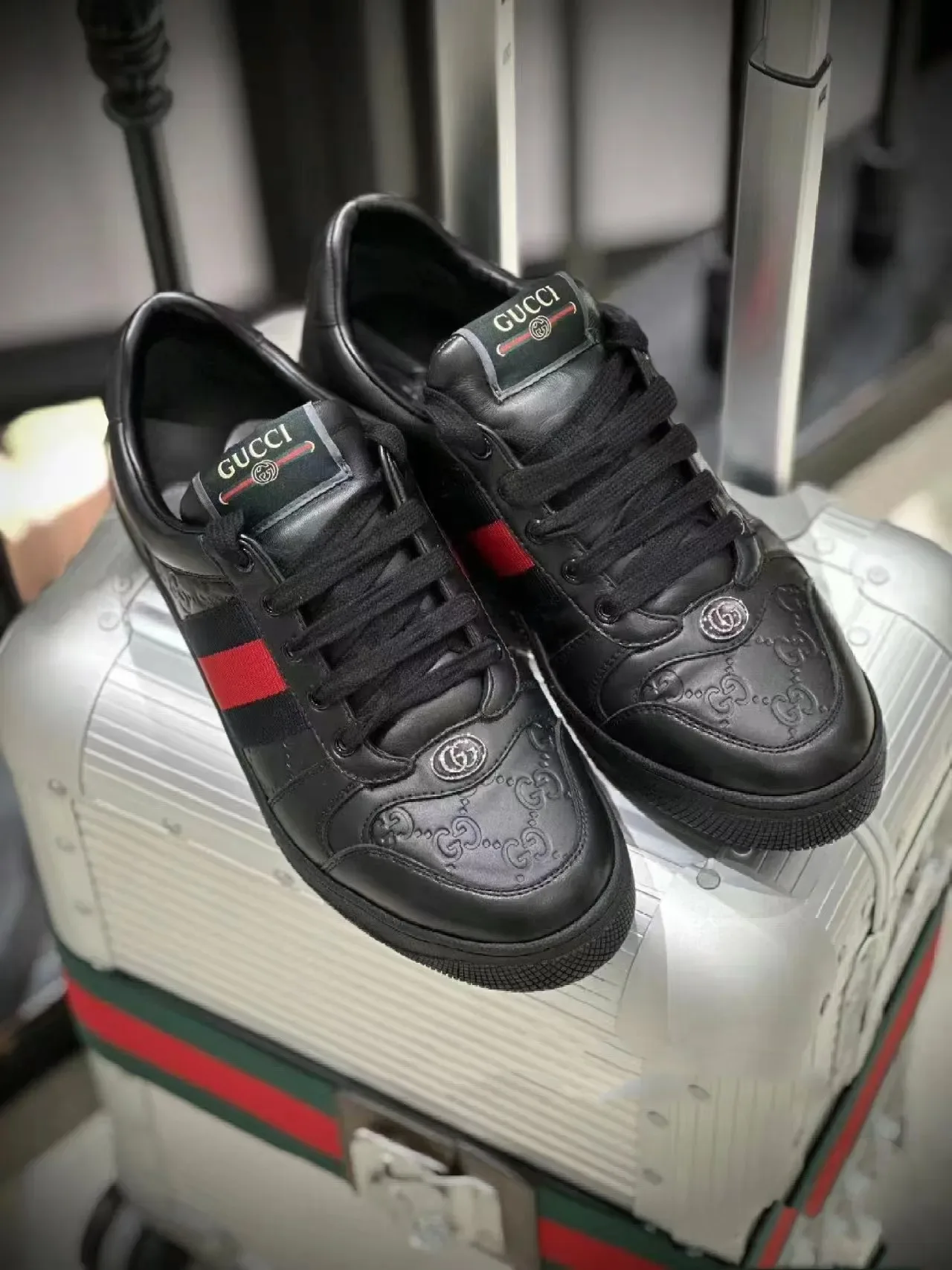 Gucci Rhyton Black Leather Embossed GG Web Stripe Lifestyle Sneakers 5