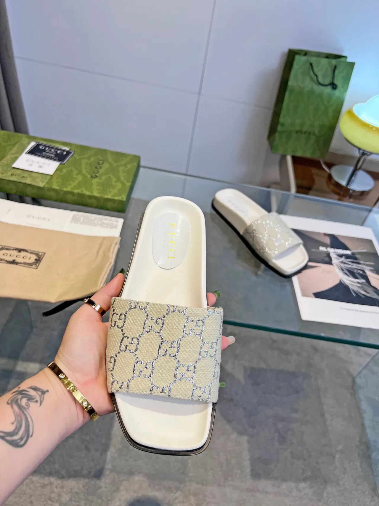 Gucci Screener Beige Glitter GG Monogram Slippers 2
