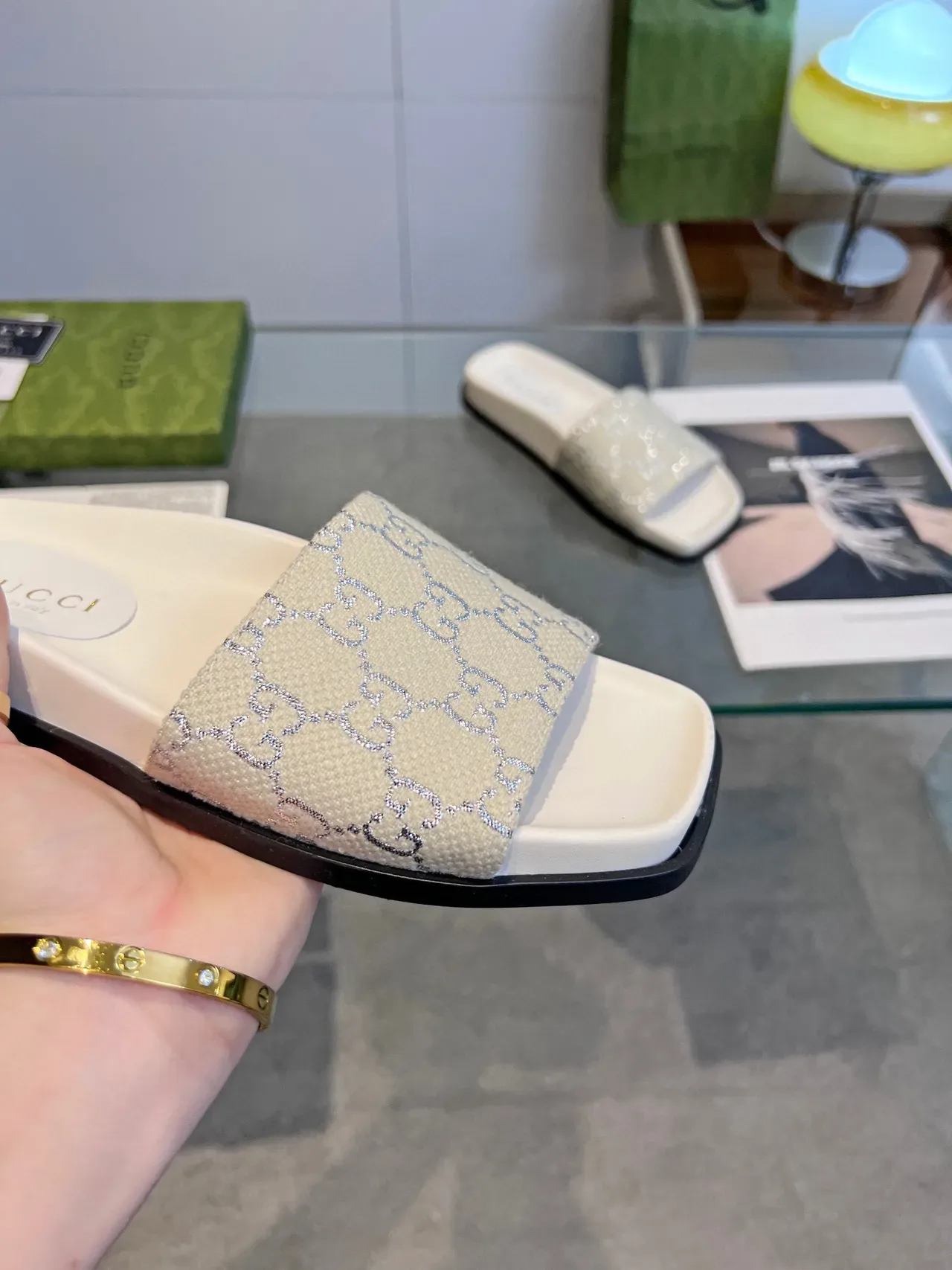 Gucci Screener Beige Glitter GG Monogram Slippers 3