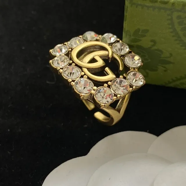 Gucci Screener Interlocking G Crystal-Encrusted Gold-Tone Ring 5