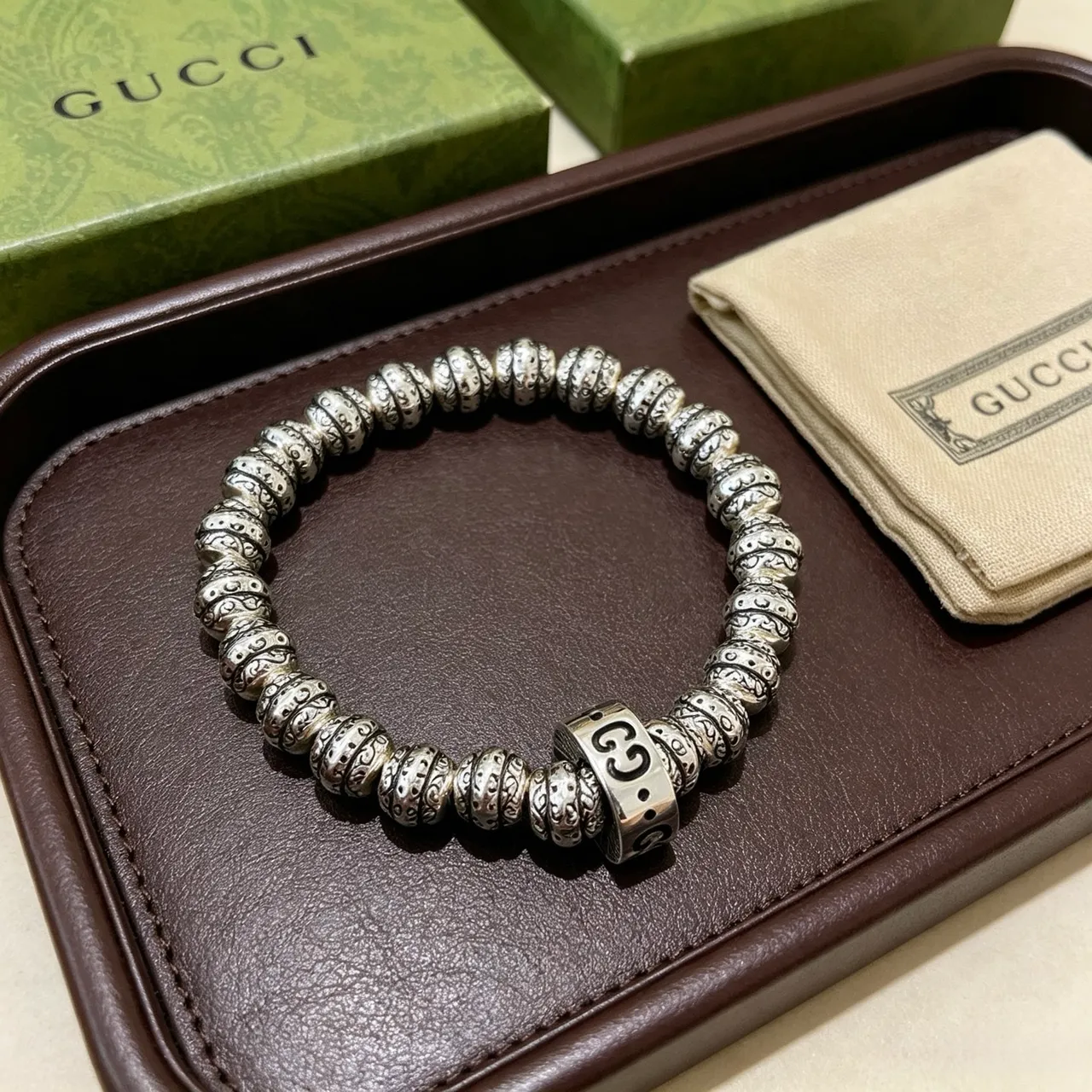 Gucci Silver Black Beaded Stretch Bracelet 3
