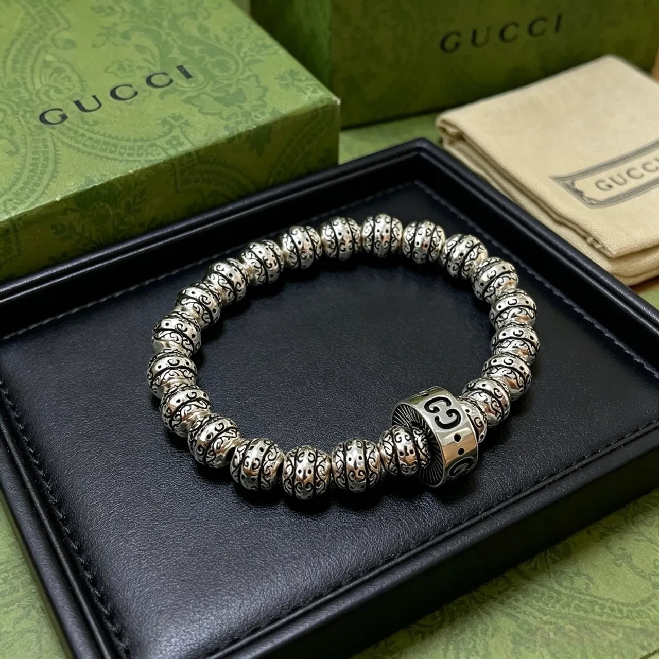 Gucci Silver Black Beaded Stretch Bracelet 6