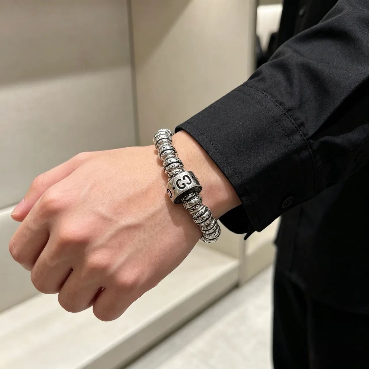 Gucci Silver Black Beaded Stretch Bracelet 8