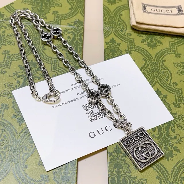 Gucci Silver Black Oxidized Chain Stone Accents Necklace 4