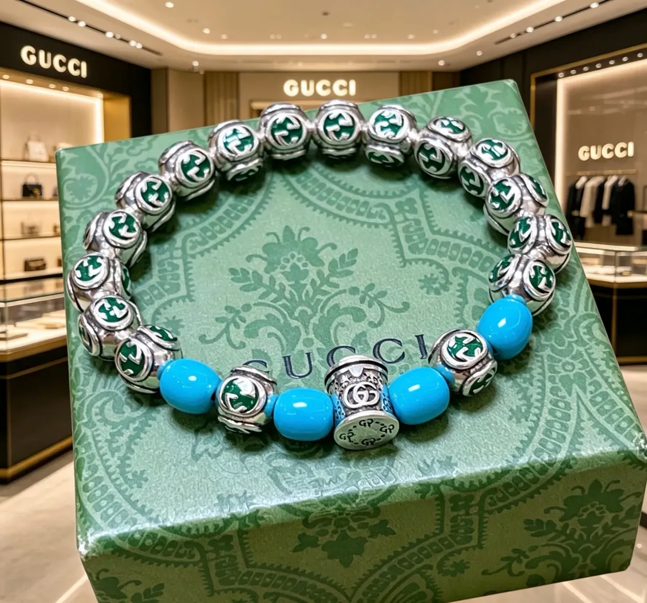 Gucci Silver Blue Enamel GG-Bead Turquoise Accent Bracelet 2