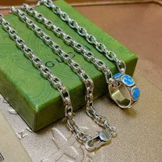 Gucci Collier Chaîne Interlocking G-Link Détails d'Émail Argent Bleu