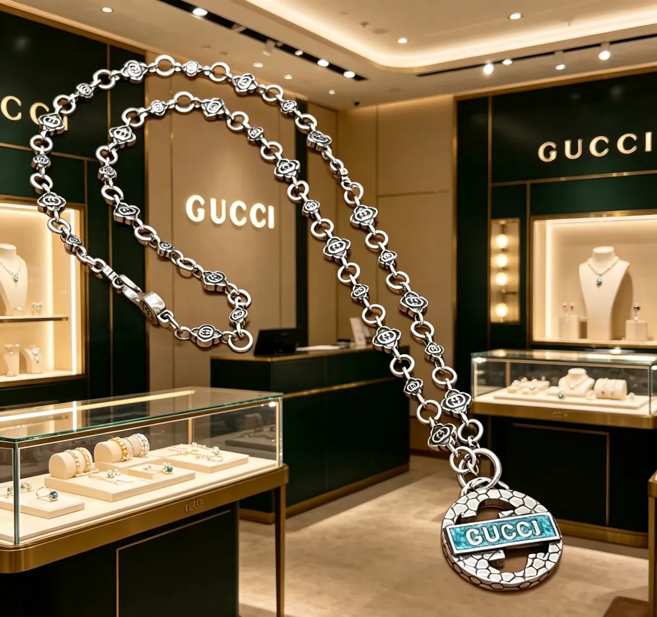Gucci Silver Green Chain Rose-Link Motif Necklace 2