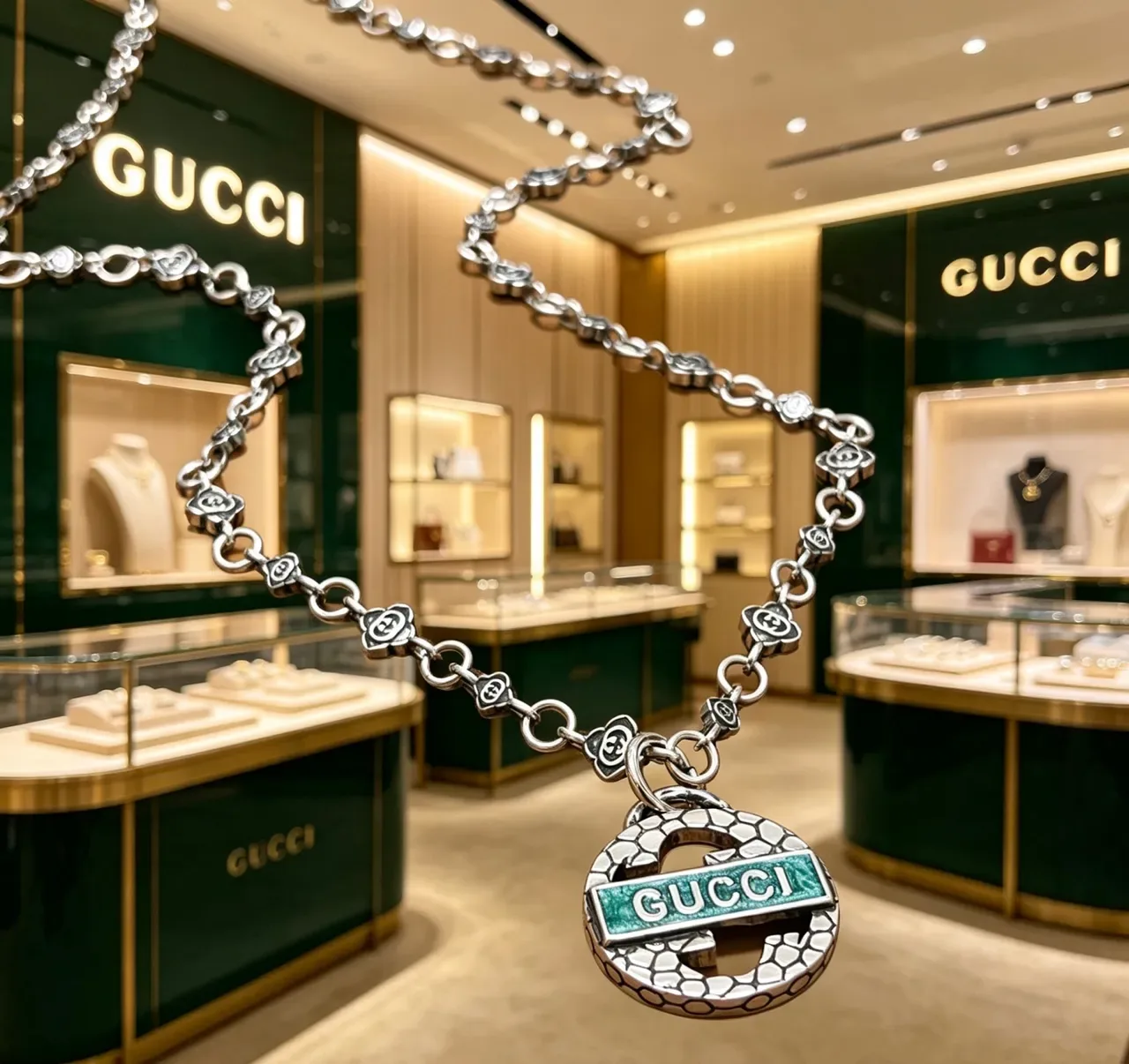 Gucci Silver Green Chain Rose-Link Motif Necklace 4