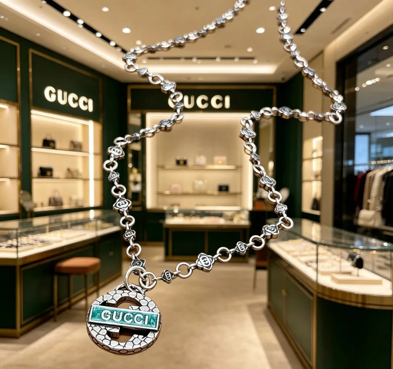 Gucci Silver Green Chain Rose-Link Motif Necklace 6