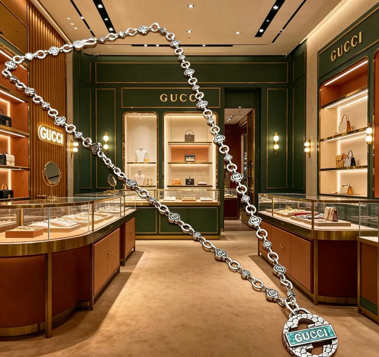 Gucci Silver Green Chain Rose-Link Motif Necklace 7