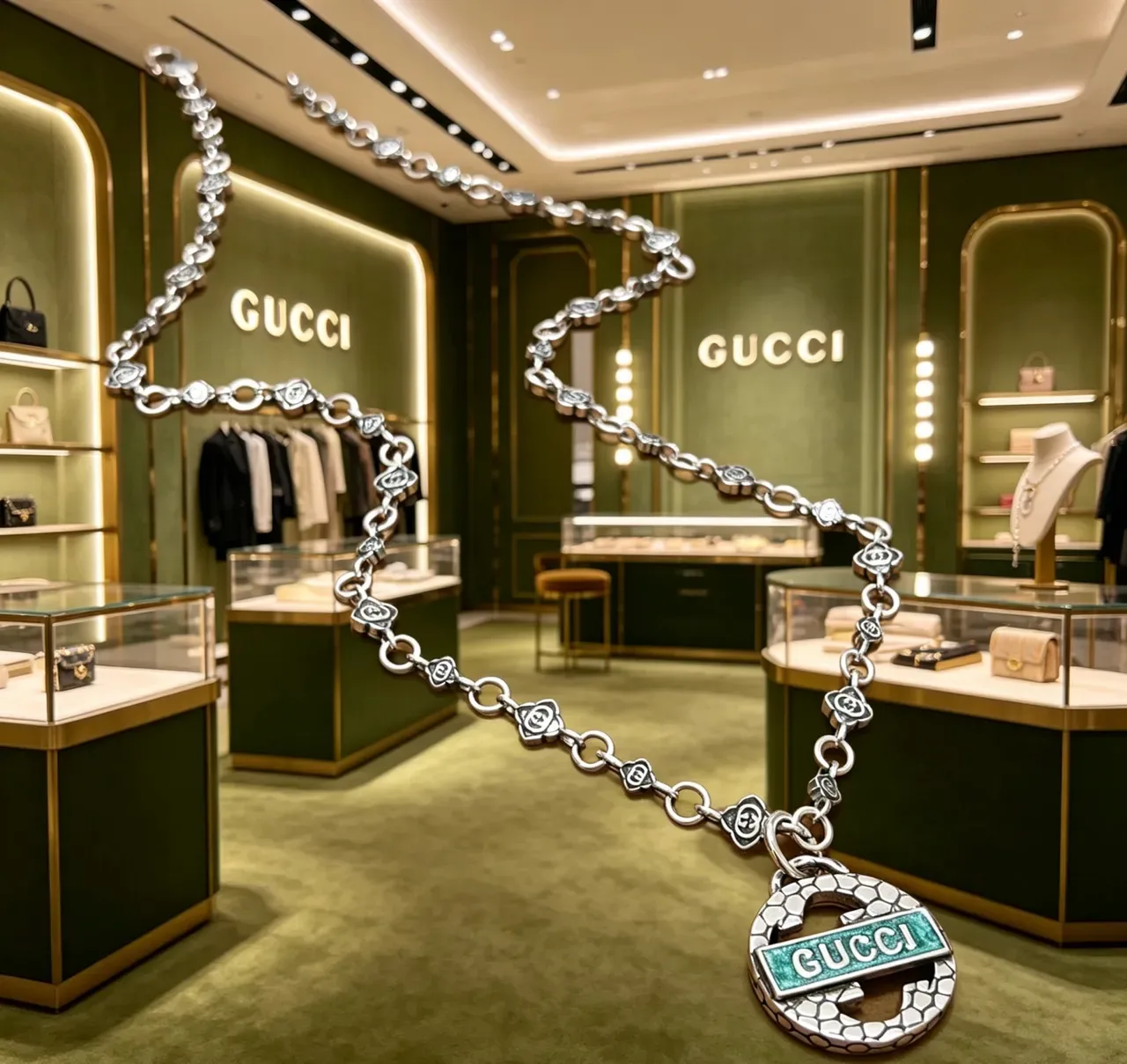 Gucci Silver Green Chain Rose-Link Motif Necklace 9