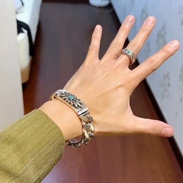 Gucci فضي أخضر سلسلة كربي كثيفة نقش زهور وردية على الروابط سوار 2