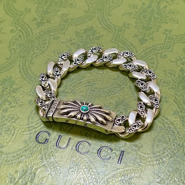 Gucci فضي أخضر سلسلة كربي كثيفة نقش زهور وردية على الروابط سوار 4