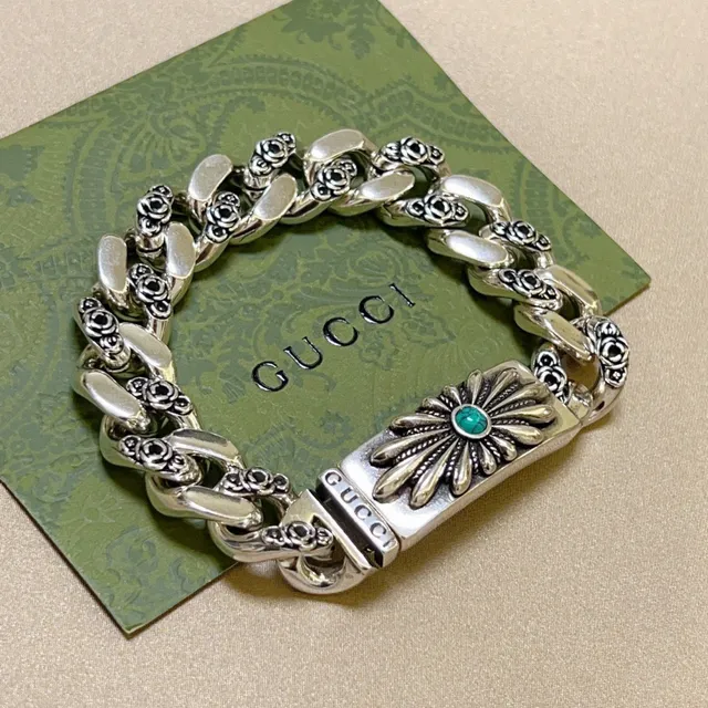 Gucci فضي أخضر سلسلة كربي كثيفة نقش زهور وردية على الروابط سوار 7