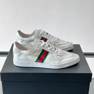 Gucci Plata Rojo Low-Top Cuero Zapatilla Rayas Web Panel Lateral Zapatillas Lifestyle