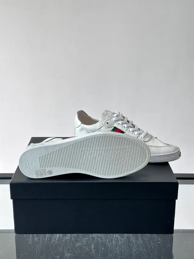 Gucci Silver Red Low-Top Leather Sneaker Web Stripe Side Panel Lifestyle Sneakers 2