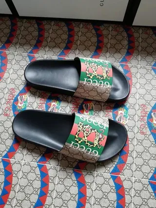 Gucci Slide Black Multicolor Flat Sole Wide Strap Slippers 5