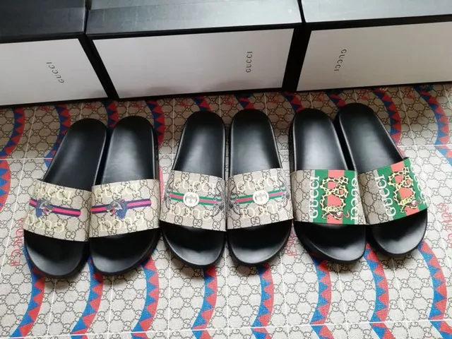 Gucci Slide Black Multicolor Flat Sole Wide Strap Slippers 10