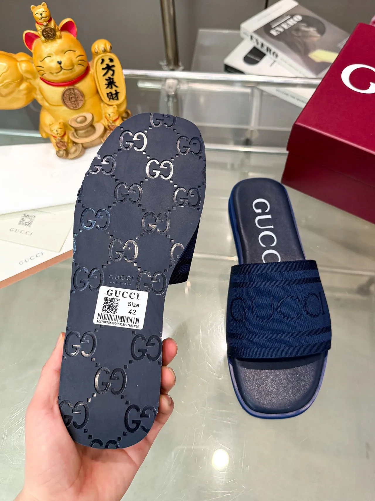 Gucci Slide Navy Marrón Correa Trenzada Debossed Logo Zapatillas 2
