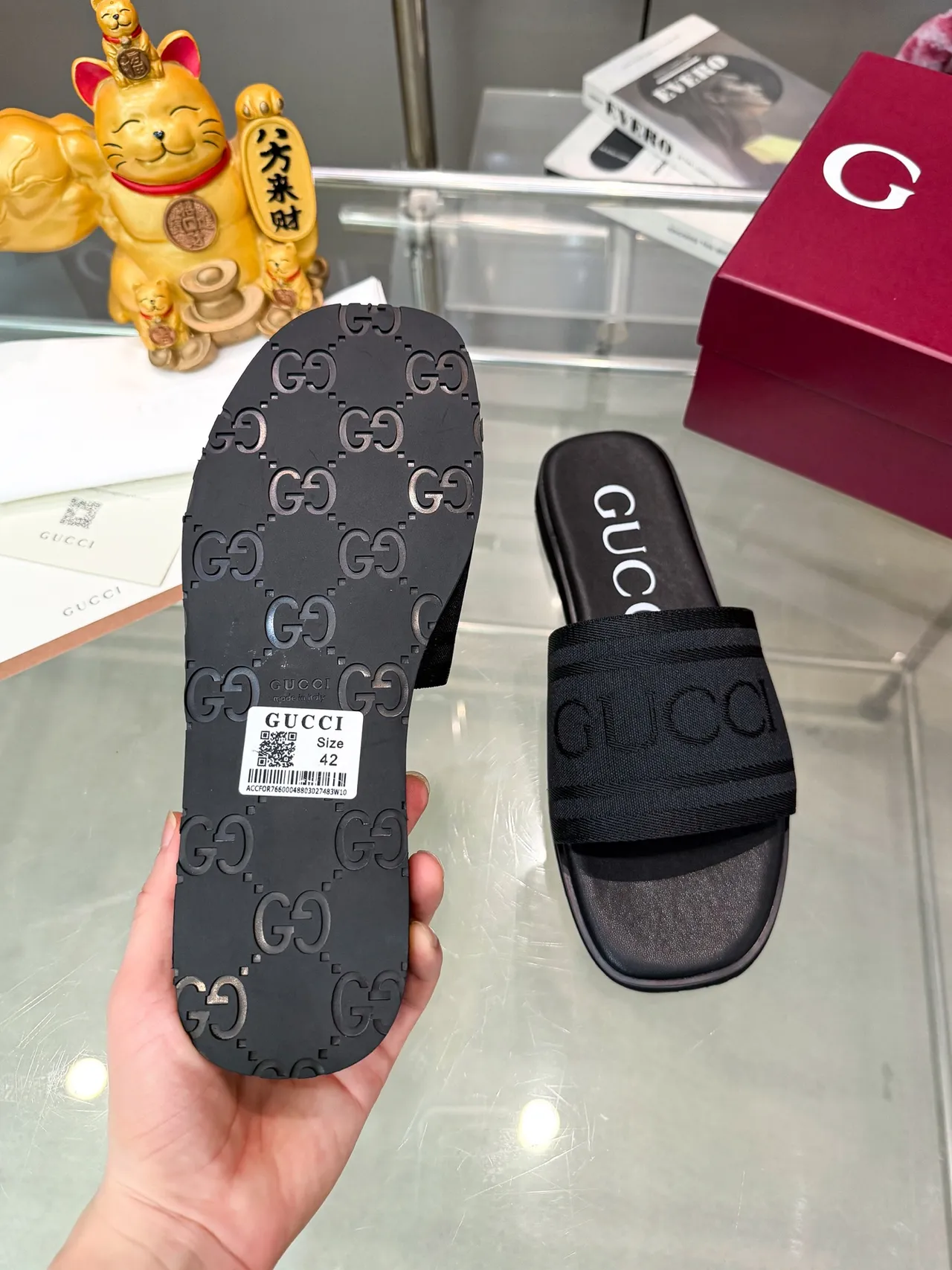 Gucci Slide Navy Marrón Correa Trenzada Debossed Logo Zapatillas 3
